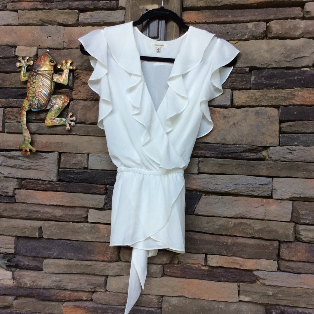 Max Studio White Ruffled Surplice Wrap Top